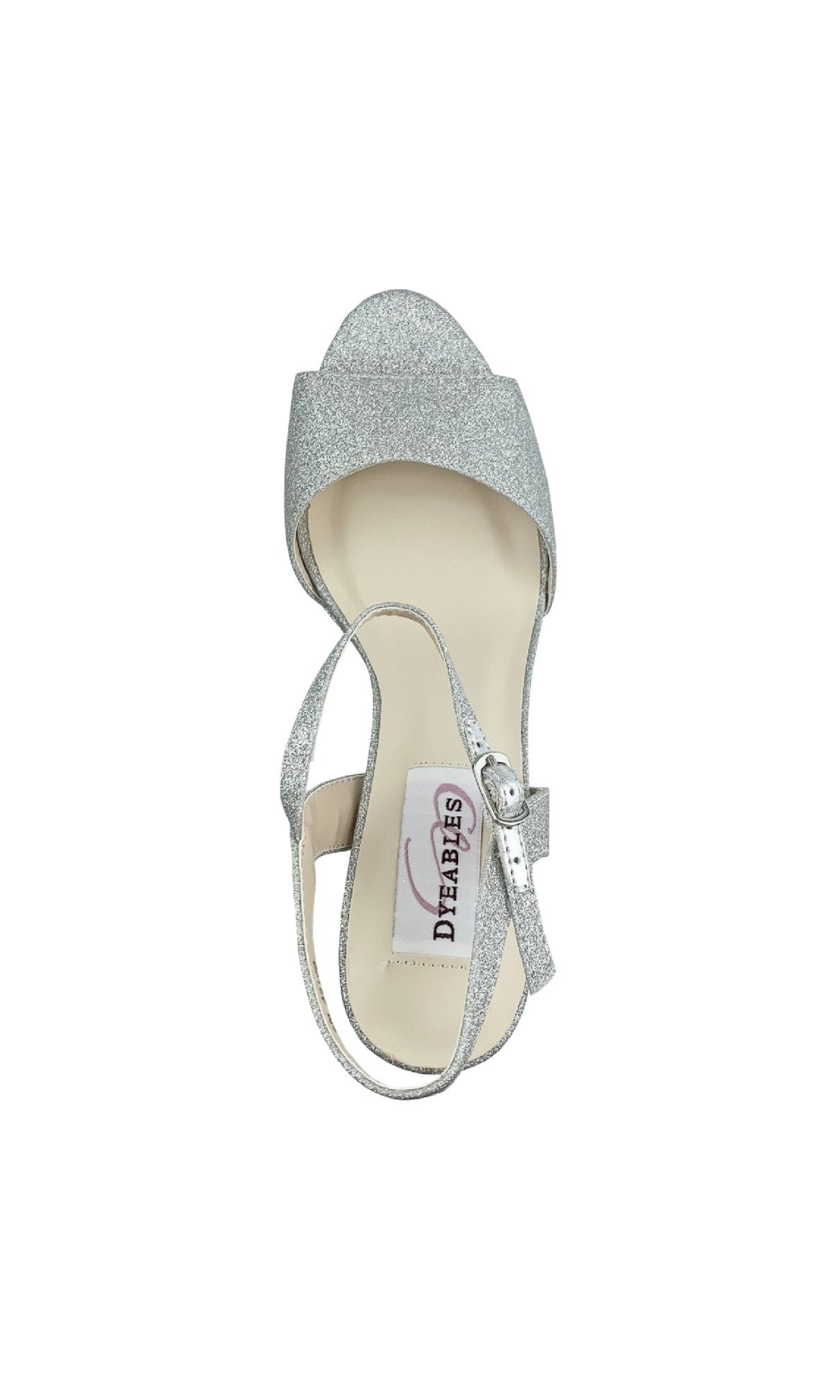 A single Whitta Silver Glitter Prom Shoe (Dyeables 55717) with block heels, ankle strap, and buckle, is shown from above. The open toe reveals an insole label reading